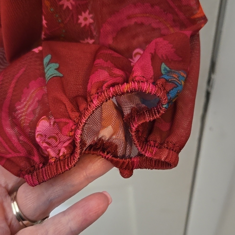 Free People Red Wildflower Honey Blouse Ruffle Sleeve At Top Womens MED - Picture 5 of 6